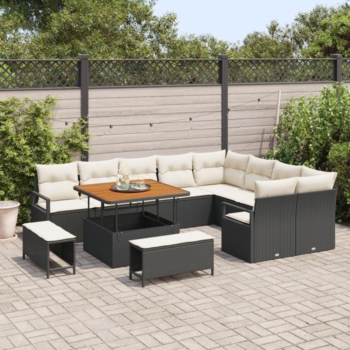 Ensemble de canapés de jardin en 12 pièces avec coussins Rattan poly noir Acacia, Ensemble de salle à manger de jardin 3362555
