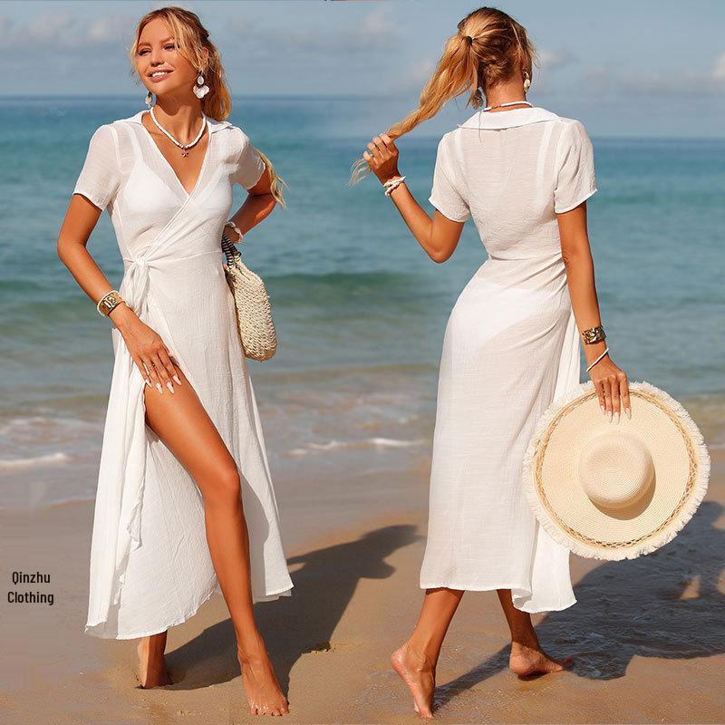 

V-Neck Beach Cover-Up Dress with Sexy Slit & Tie-Up Cardigan Large білий