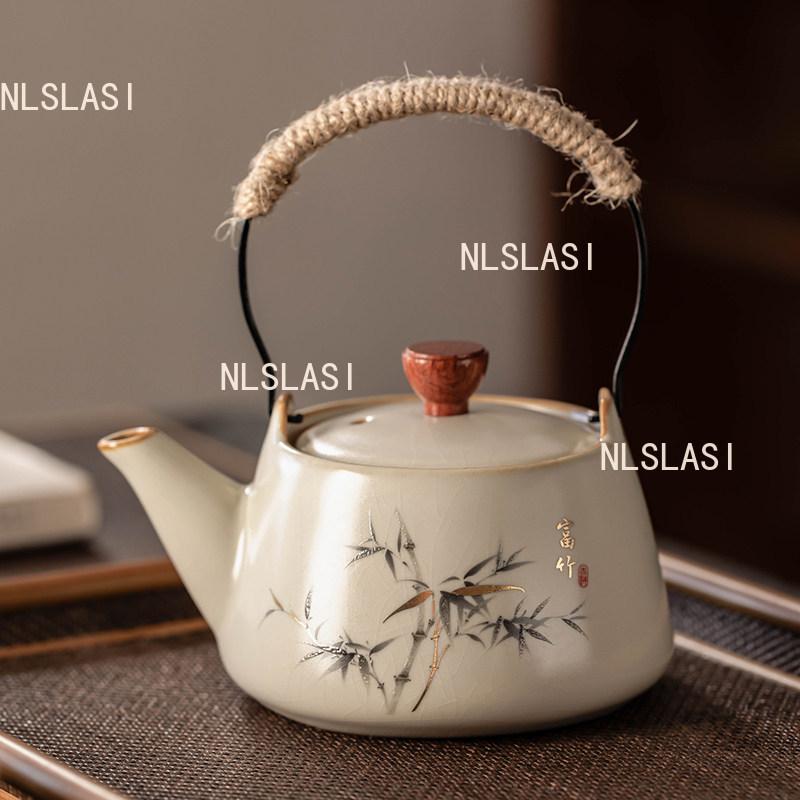 Ru Kiln Lifting Pot Ceramic Household Small Capacity Teapot Chinese Bamboo Tea Set Underglaze Color Drinking Tea in The Office