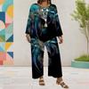Women Plus Size Red Printed Round Neck Long Sleeve Layered Top Wide Leg Cropped Pants Two Piece Set