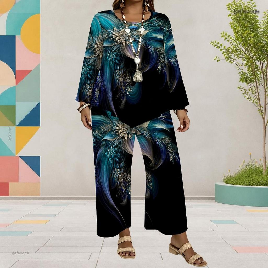 Women Plus Size Red Printed Round Neck Long Sleeve Layered Top Wide Leg Cropped Pants Two Piece Set