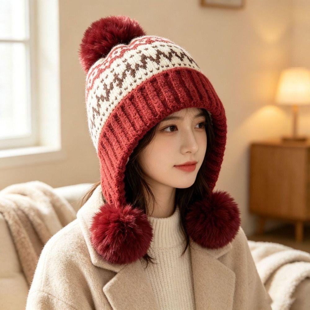 with Pom Poms Ear Flap Knitted Hat Ear Protection Winter Knit Hat Cold Proof Hat For Women