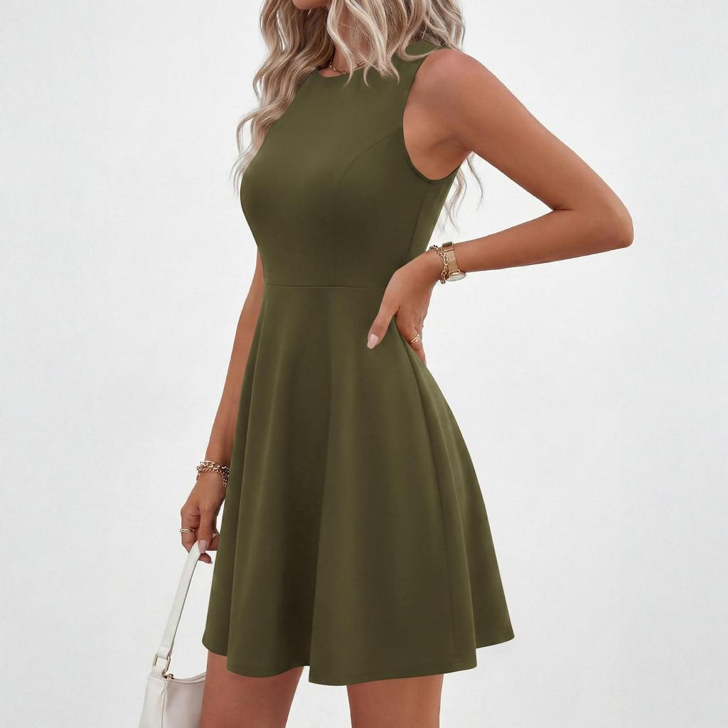 Robe Longue de Soirée Sans Manches à Col Rond et Ceinture Pour Femmes