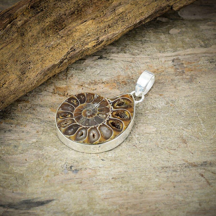Ammonite Fossil Gemstone Handmade 925 Sterling Silver Jewelry Pendant 1.77" M-197