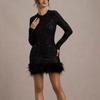 Women's European & American Sexy Formal Dress, Long Sleeve Solid Color Sequins Feather Evening Party Gown, Round Neck Cocktail Dress