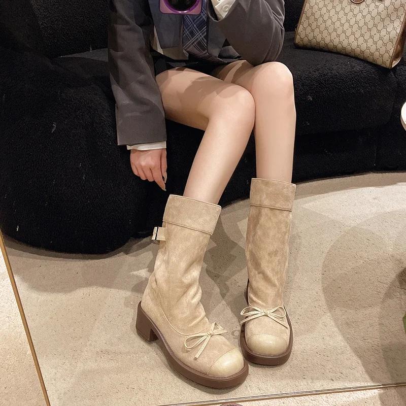 Fashion Women Platform Boots Khaki Suede Pleated Mid-calf Boots Retro Fashion Bowknot Outdoor Western Cowboy Boot Boots Woman 2024 Trend