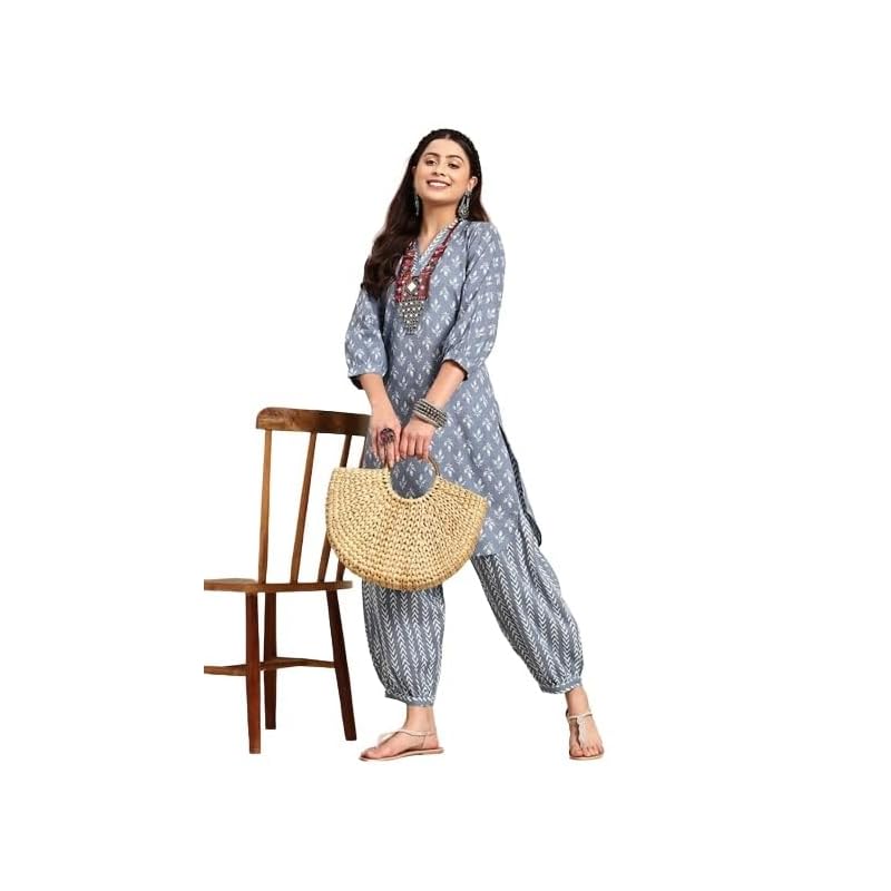 LookMark Women s Trendy Printed Cotton Blend Straight Grey Color Kurta and Afghani Pant Set (KS2070-M) 2XL серый