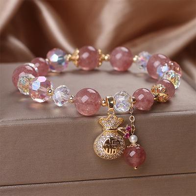 Strawberry Crystal Beaded Bracelet Women'S Diamond Money Bag Pendant Elastic Adjustable Bangles Anniversary Party Jewelry Gift
