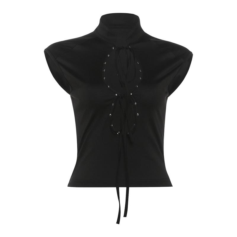 

Spring and summer women s clothing new Spice Girls sexy stand-up collar lace-up hollow slim T-shirt top women S