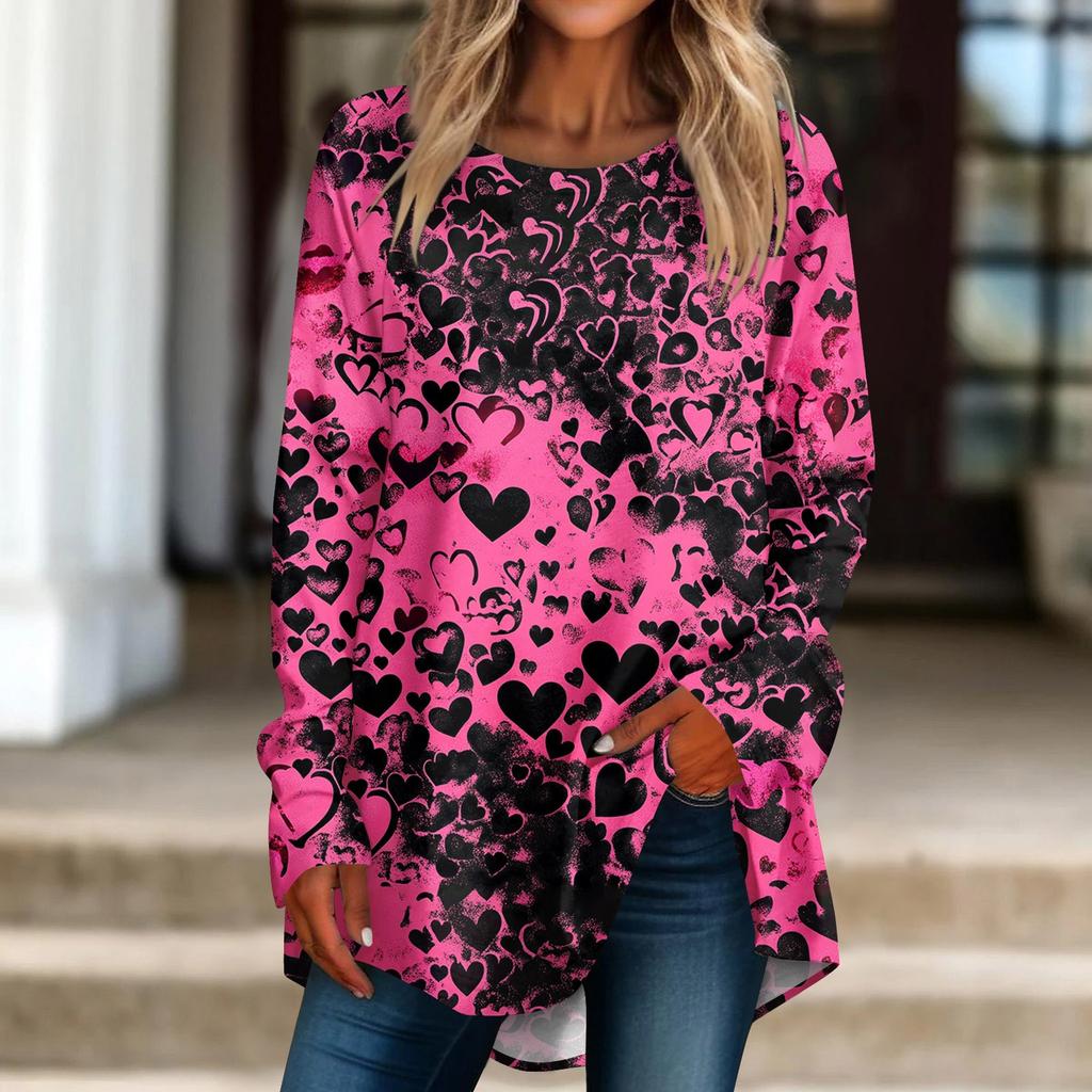 Damen Locker Bedrucktes Rundhals Langarm T-Shirt Top Pullover Langarmtop