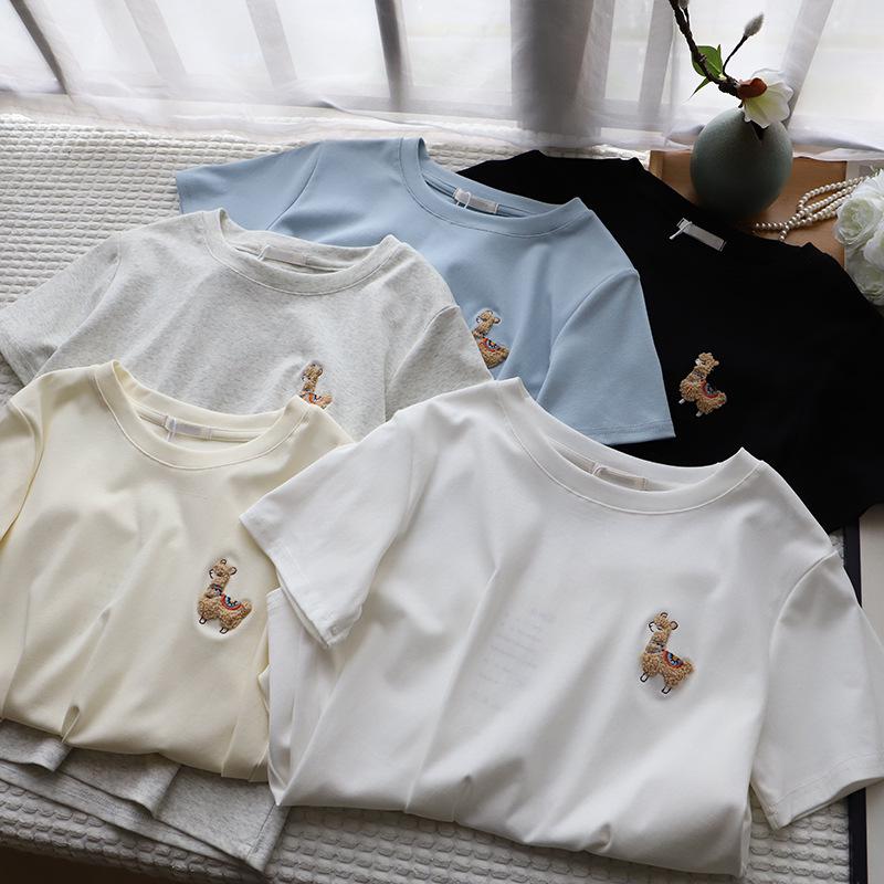 

[Bi Zheng] 2025 Korean Style Cartoon Embroidery Crew Neck Age-Reducing Women s T-Shirt One Size бежевий