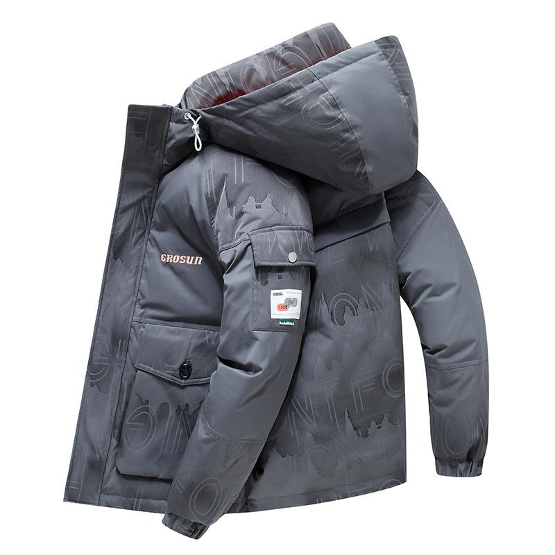 

Men s short winter down jacket fashion blue men s and women s trend couple casual hooded warm flight jacket 3XL темно-серого