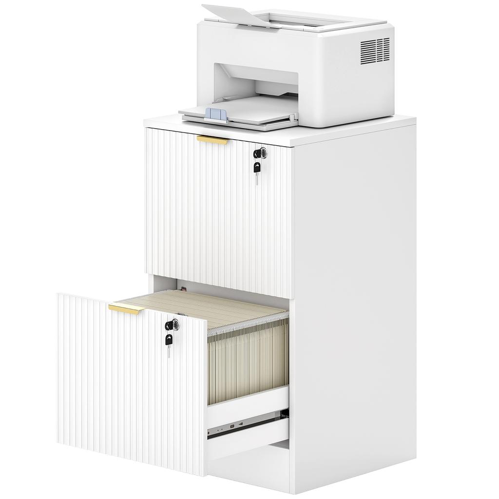Filing Cabinet, Fluted Vertical File Cabinet with 2 Lockable Drawers and Hanging Rails, White