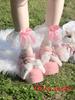 Lolita Cotton Kneehigh Socks With Lace Trim And Pearl Bows For Girls
