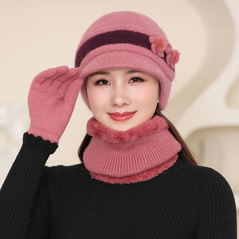 Ladies rabbit fur knitted thermal cap in the elderly grandmother fleece cold wool ear hat fashion mother