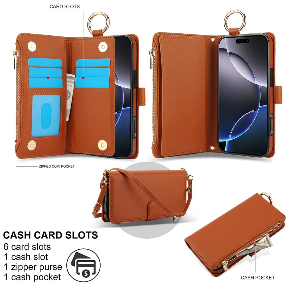 Etui Portfel Skórzany z Miejscami na Karty i Zamkiem Błyskawicznym Etui Klapka na Telefon dla IPhone 17 16 15 14 13 12 11 Pro Max Plus Promax 16e Pierścień Smycz Portmonetka