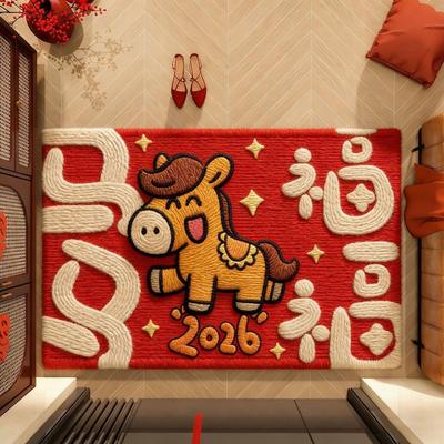 Red Year of The Horse Floor Mat Non-slip Soft Pony New Year Door Mat Water Absorption Blessing Words Doormat Rugs