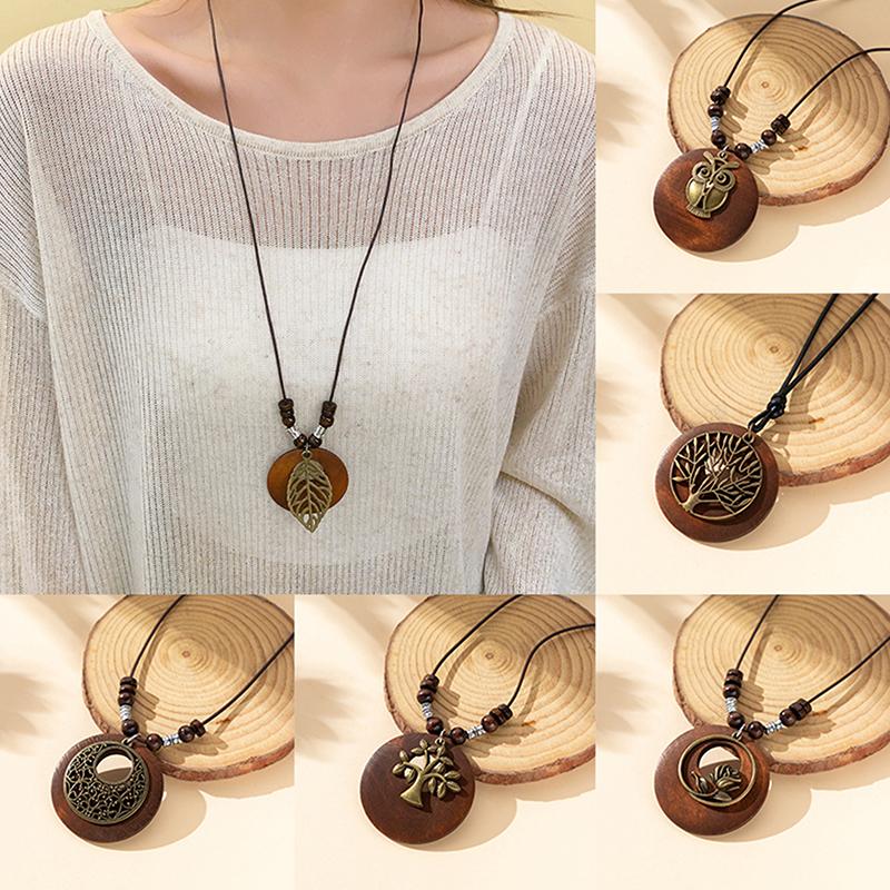 Retro Houten Blad Uil Lange Truiketting Etnische Ronde Ketting Vrouwen Klok Hanger Vrouwelijke Sieraden Nekaccessoires Cadeaus Kraag
