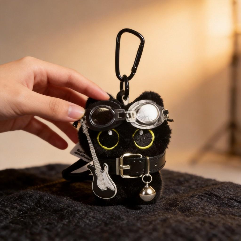 Punk Rock Black Cat Plush Toy With Guitar And Scarf For Teen Gift