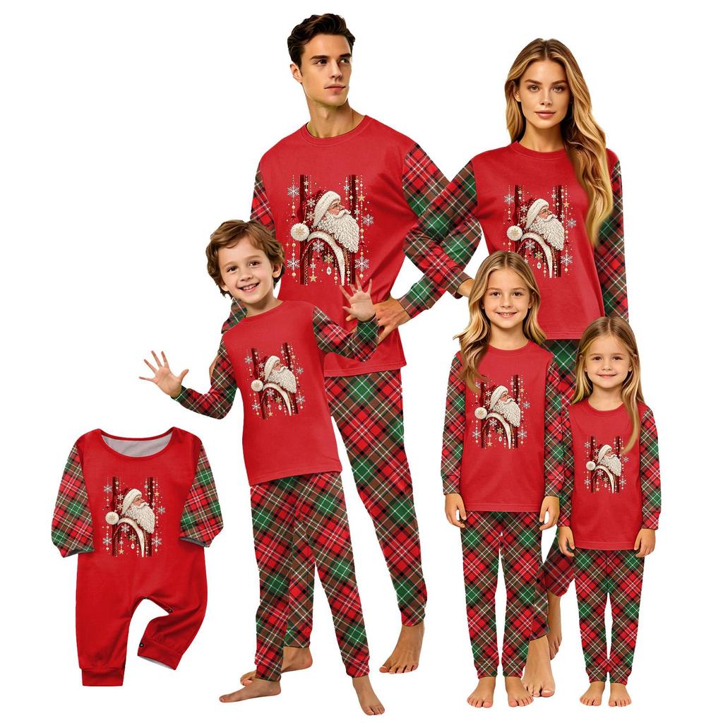 Christmas-print long-sleeve and long-pant matching family loungewear set