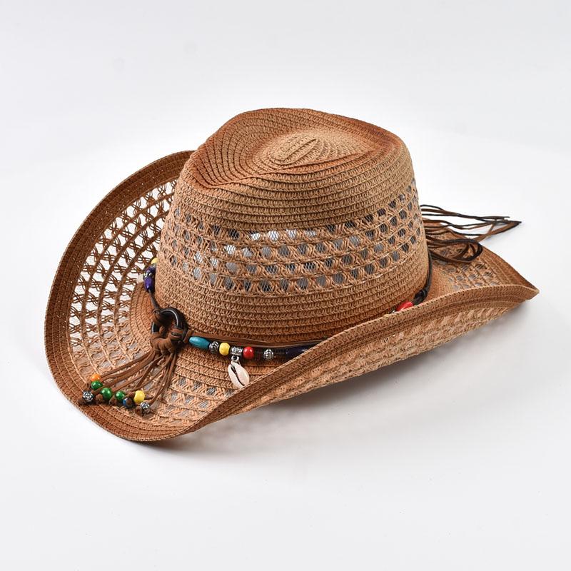 Bohemian Style Straw Cowboy Hat Women Men Hollow Out Sun Protection Beach Hat for Summer, Breathable Straw Material
