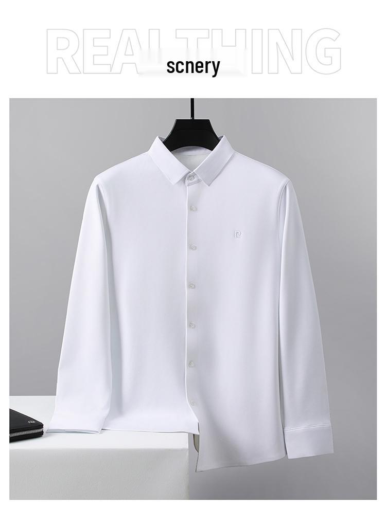 Pierre Cardin Men's Long Sleeve Mulberry Silk Shirt - Iron-Free, Plus Velvet, High-End Business Casual for Autumn/Winter