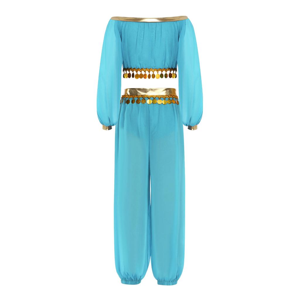 Girl Belly Dance Costume Sequin Tassel Top Pants Built In Briefs Rhinestone Decoration Long Sleeve Outfit