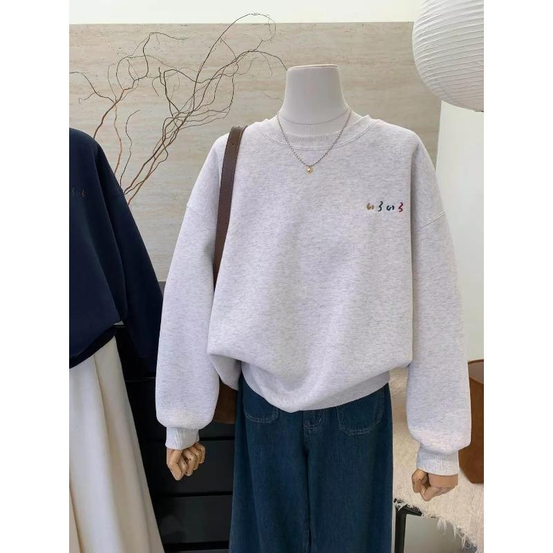 Autumn and Winter Korean Style Embroidered Thickened Velvet Warm Loose Round Neck Pullover Sweatshirt for Women