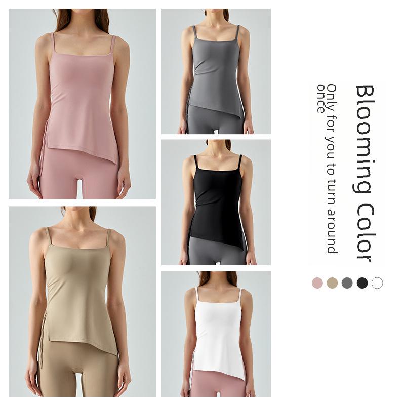 Women's Slim Fit Pleated Yoga Top with Built-in Bra and Adjustable Straps