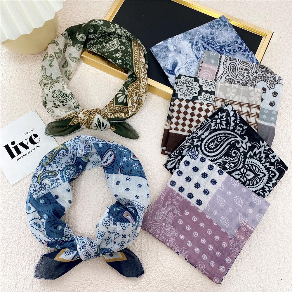 58 Cashew Silk Small Square Scarf: Korean Style Cotton Linen Printed Headscarf and Hairband for Women, Ideal for Spring, Summer, and Autumn.