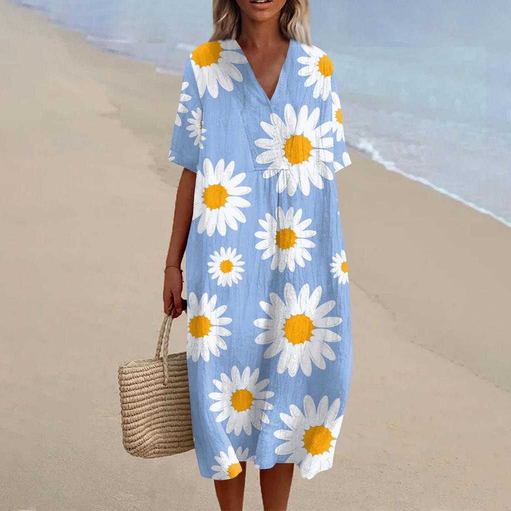 Damen Locker Lässig Mode V-Ausschnitt Bedrucktes Kleid Strandrock