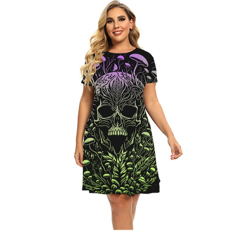 

2025 Новое весеннее платье с изображением растений, грибов и черепов 3D, женское летнее свободное мини-платье с коротким рукавом, повседневное платье с градиентным принтом больших размеров L