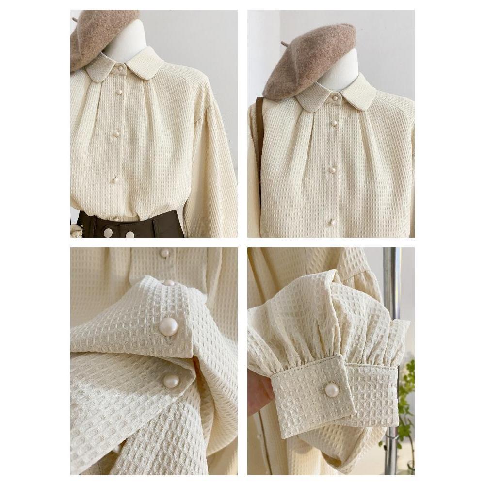 Waffle Lantern Sleeve Shirt for Women with a Niche Design Loose French Retro Chic Doll Collar Long Sleeved Top