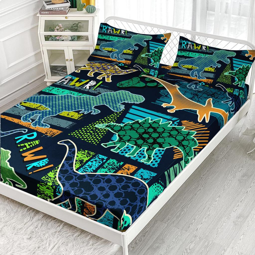 Dinosaur Cartoon Pattern Mattress Three-Piece Digital Printing Mattress Bedding Set Adult Children