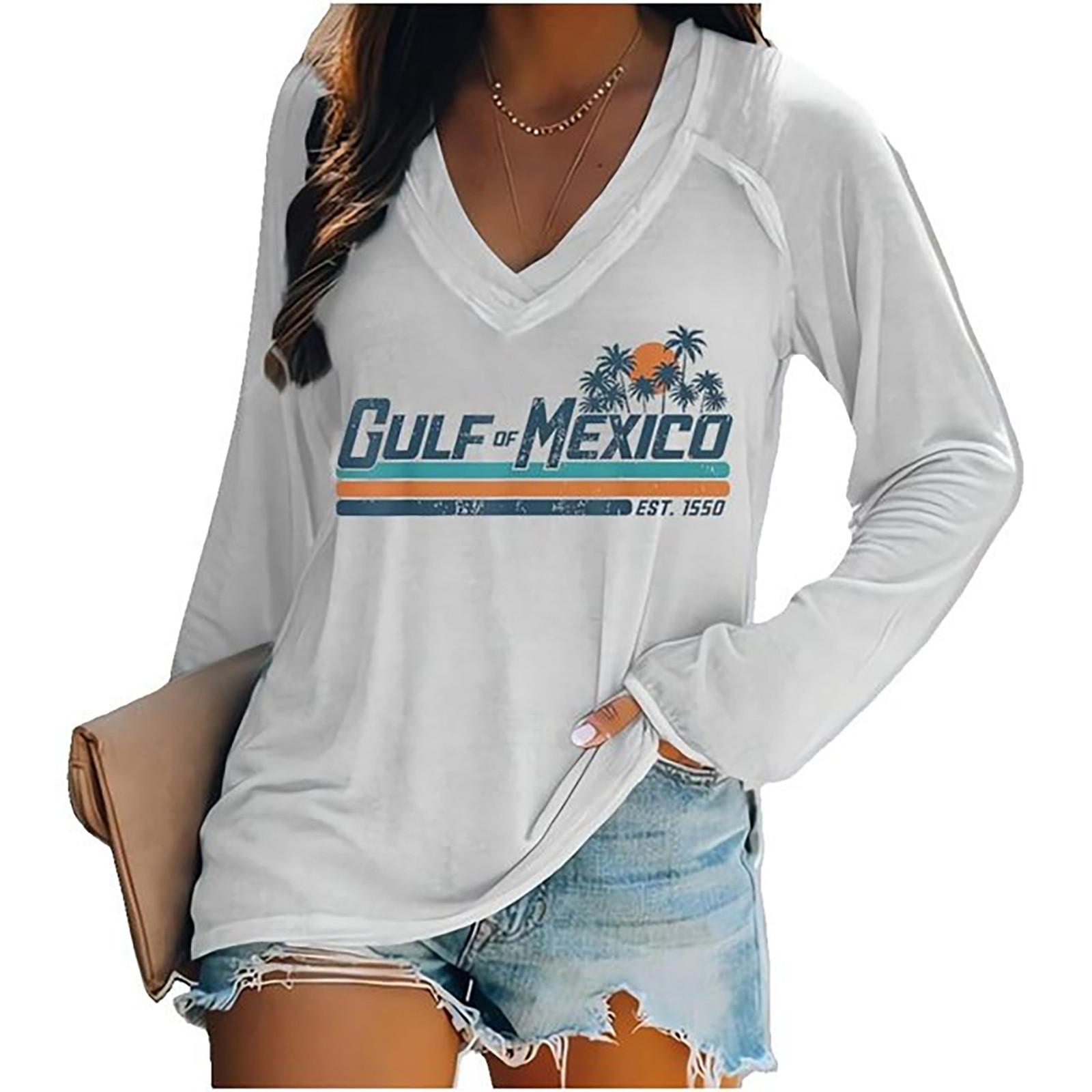 

Женская футболка с длинными рукавами, V-образным вырезом, градиентным принтом букв, повседневный и удобный топ M белый