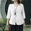 ZANZEA Women V-Neck Solid Color Loose 3/4 Sleeve Blouse