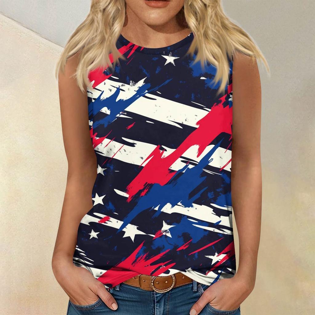 Women's Fashion Casual T-Shirt Round Neck Sleeveless Independence Day Printed Vest Top