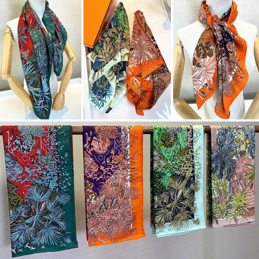 90CM Manual Hand Rolled Twill Silk Scarf Women High-End Square Scarves Forest and Castle Printed Echarpes Foulard Wrap Bandana