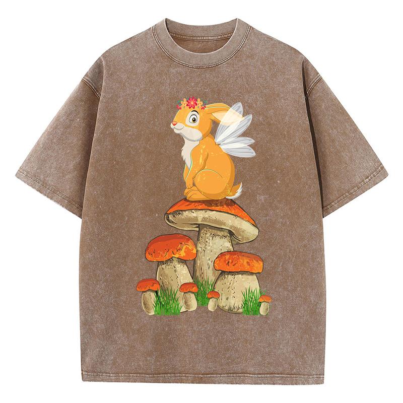 Cottagecore Aesthetic Mushroom Frog Print Washed T Shirt Woman Crewneck Y2K Short Sleeve Summer T-Shirt Cotton