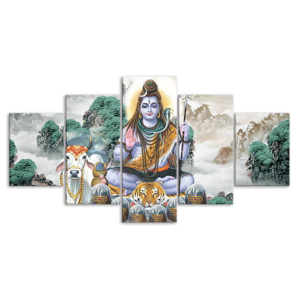 Lord Shiva Nandi Bull Tiger Skin Blessing 5 Piece Five Panel Wall Canvas Print Modern Art Poster Picture Home Decor Gift For Him For Her