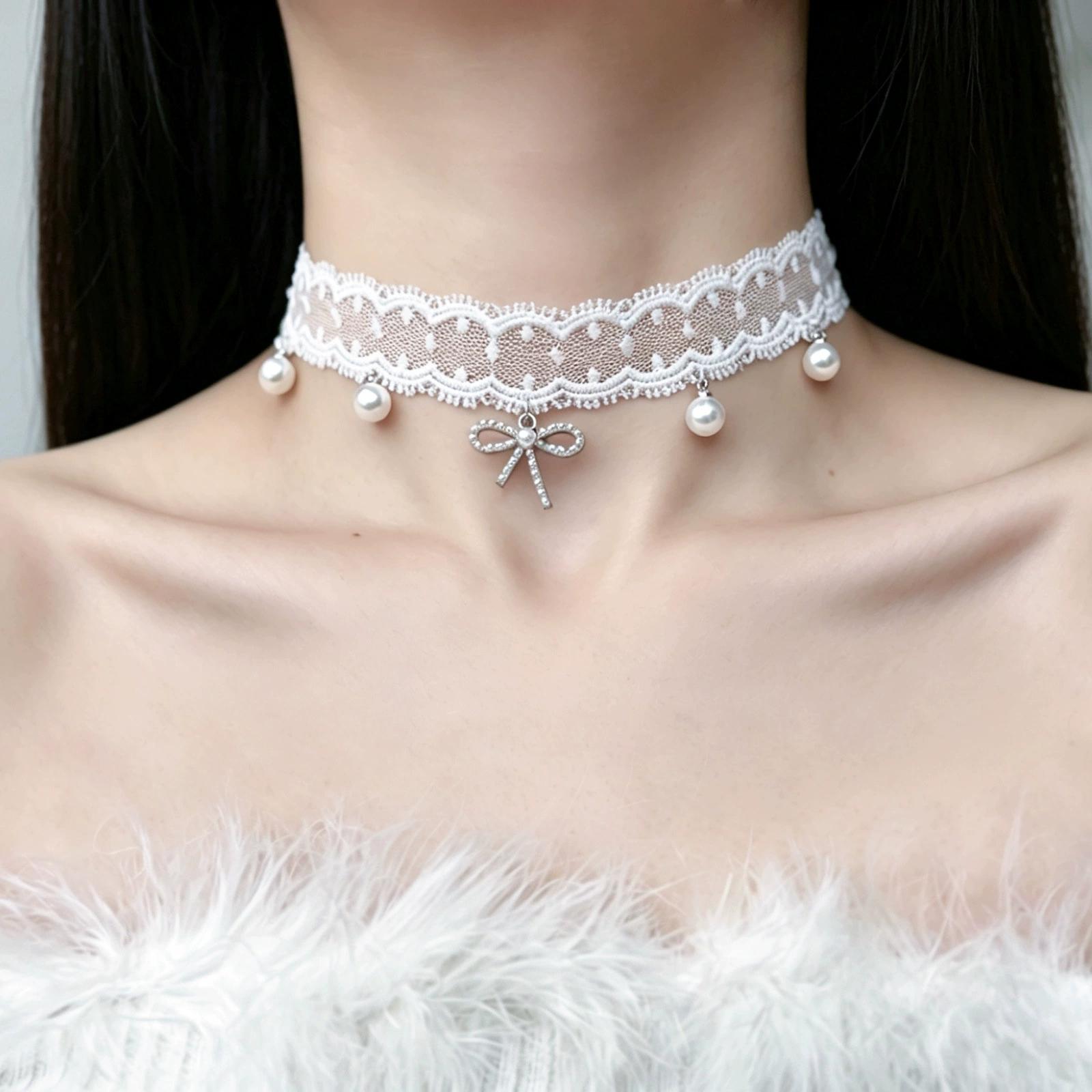 Trendy Vintage Cute Sweet Bow Pearl Pendant White Lace Choke Necklace For Women Aesthetic Party Charm Neck Accessories Jewelry