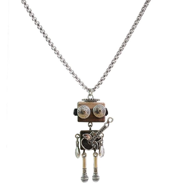 DIY Wooden Robot Pendant Necklace Unisex Clavicle Chain Punk Chokers for Women