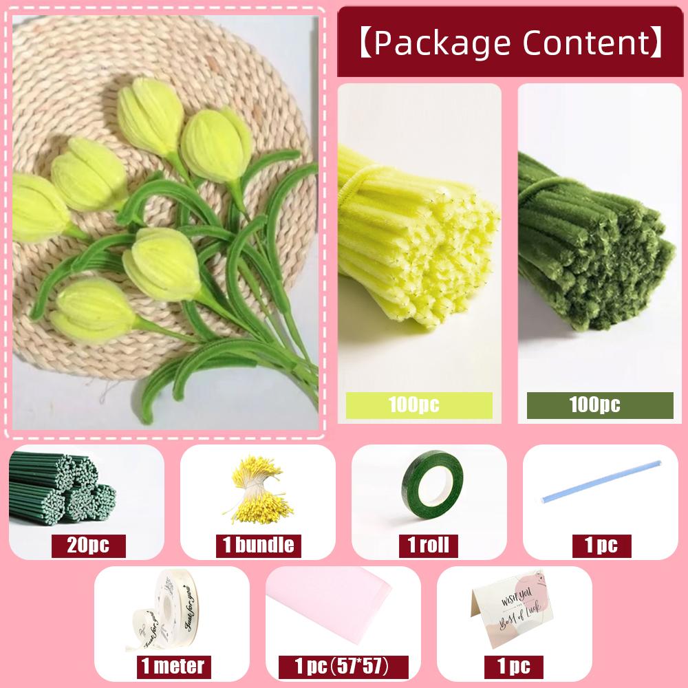 200PCS Tulip Pipe Cleaners for Craft, Chenille Stems with Flower Pole, Flower Core & Gardening Tape, Arts & Crafts for DIY