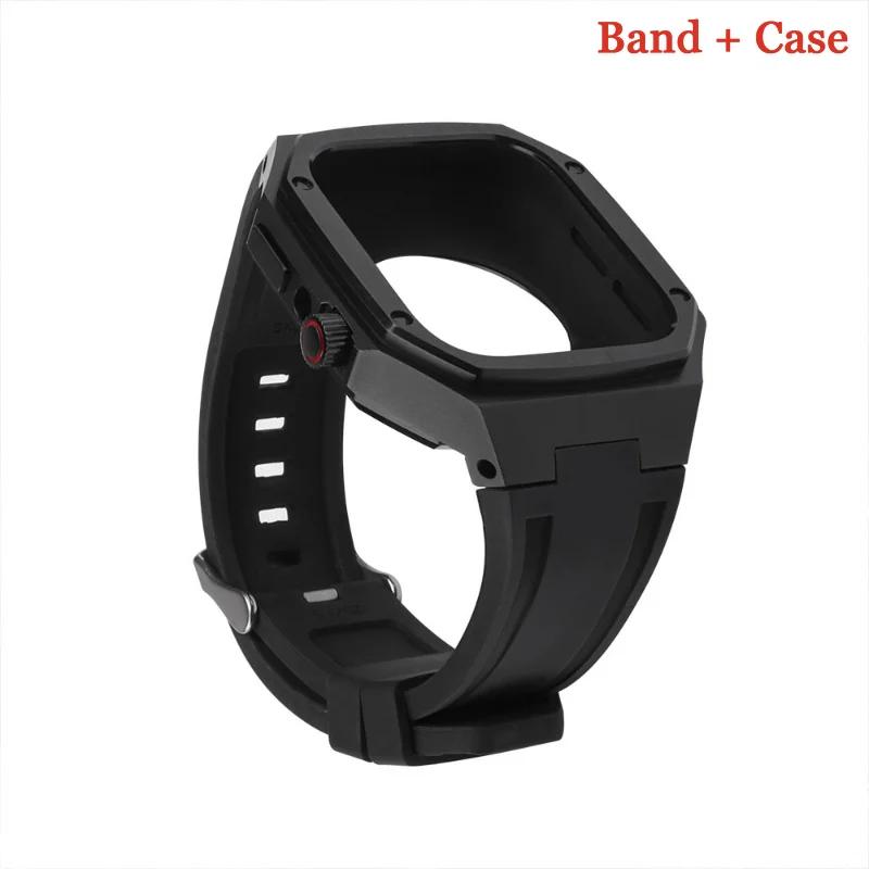 Luxury Modification Kit For Apple Watch 8 7 44mm 45mm 40mm 41mm Stainless Steel Case Rubber Sports Strap For IWatch Series 6 5 4