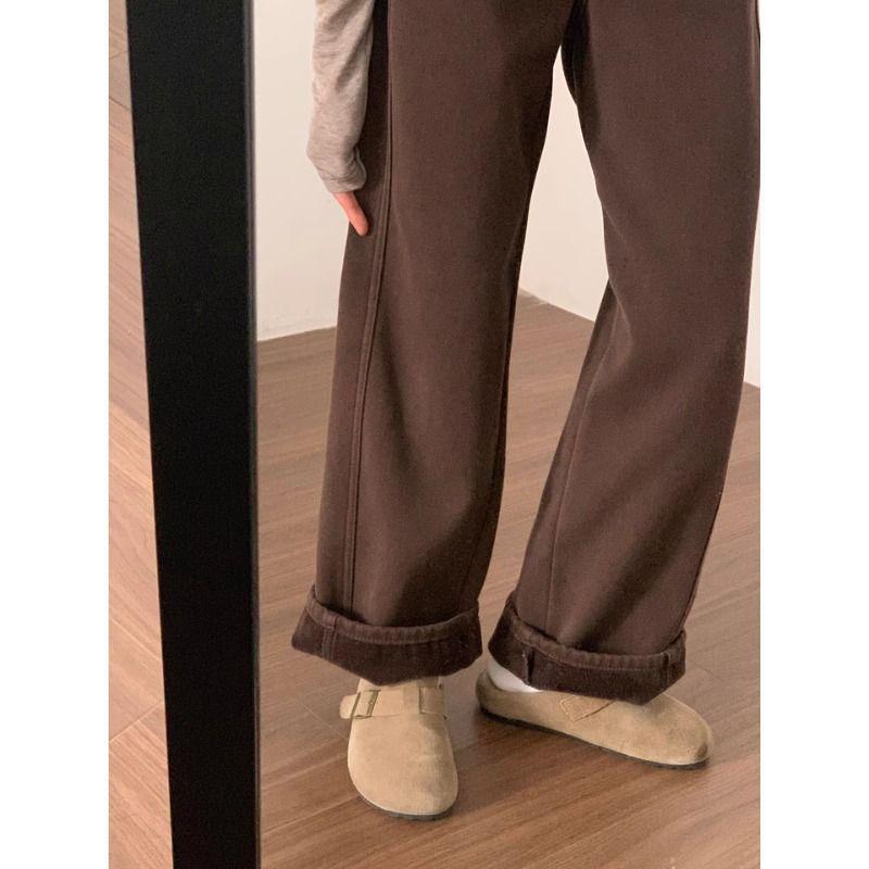 Plus Size Mallard Brown Velvet Jeans for Pear-Shaped Women - Winter Wide Leg Slimming Pants