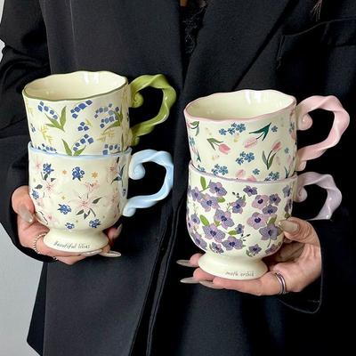 Exquisite High Foot Mug Home Office Flower Ceramic Birthday Gift Water Cup Design Coffee Cup