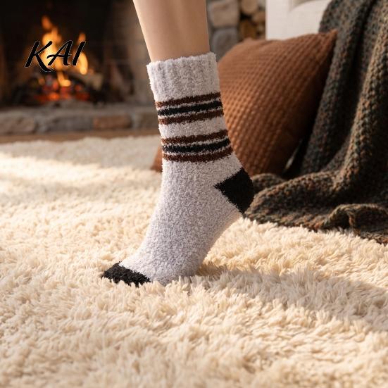 Thickened Thermal Floor Socks Coral Fleece for Men, Striped Mid-calf Socks, Soft Cold Weather Comfort Fuzzy Crew Winter, Warm Home Breathable Velvet