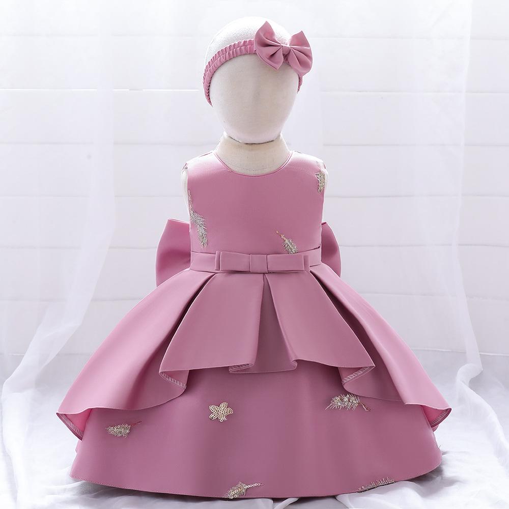 Baby Girl's Feather Embroidery Princess Dress - First Birthday Party Outfit with Big Bow.