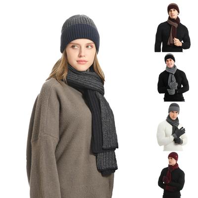 כובע צמר חם לגברים, כובע סרוג מעובה למבוגרים, סט שלושה חלקים צעיף וכפפות