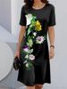 Vintage Floral Print Summer Dress for Women Long Sleeve Comfortable Knee Length Casual Dress with Pockets O Neck